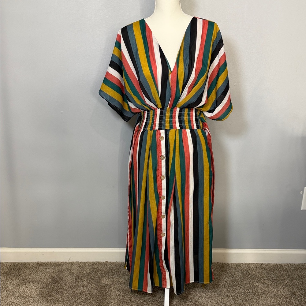 ODDY Colorful Striped V-Neck Midi Dress